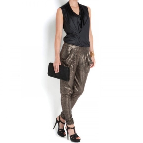 Zara • Gold Sequin Joggers Skinny Leg Harem Pants - Picture 2 of 8